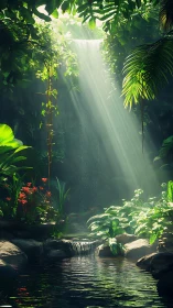 Sunlit rainforest waterfall renders atmospheric depth and clarity