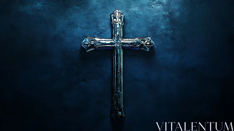Metallic gothic cross on textured blue background.