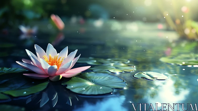 Digital macro of water lily with bokeh depth and reflective caustics