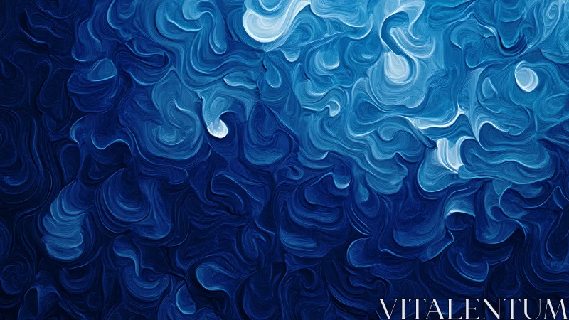 Swirling blue impasto waves suggest fluid motion and depth