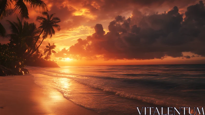 Tropical shoreline catches low sun under dense storm clouds