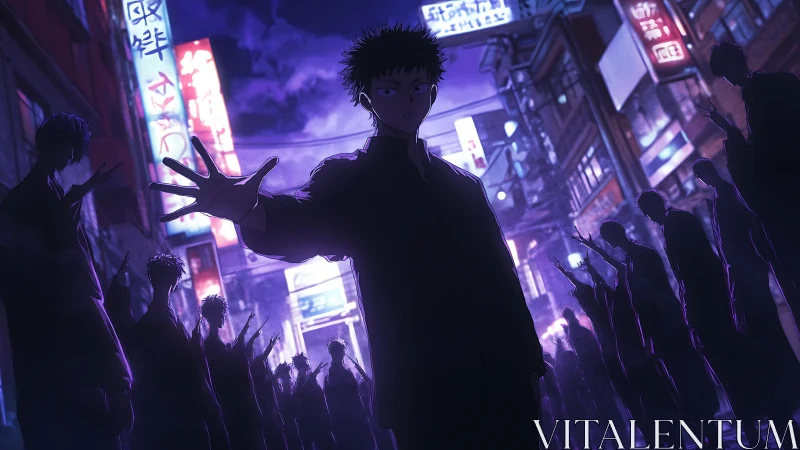 Lone anime teen confronts eerie silhouettes in neon alleyway.
