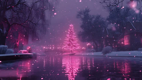 Soft pink winter tree glows gently beside a quiet river