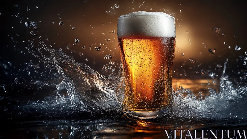 Chilled beer glass rises through splashing water and foam