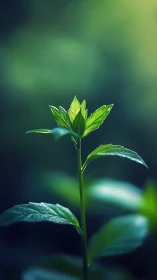 Newborn green stem reaches into quiet forest daybreak.