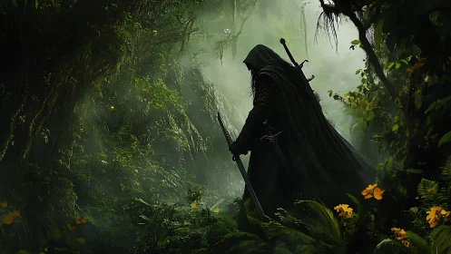 Hooded swordsman stalks misty jungle under green canopy.