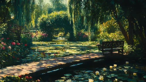 Bench waits quietly where willows whisper above lily ponds