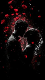 Embracing Passion: Black and Red Romantic Particle Dissolution.