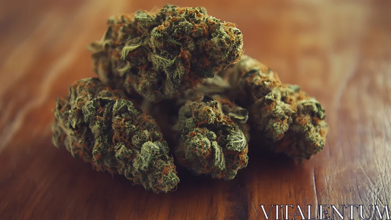 Dried cannabis buds arranged on smooth wooden surface.