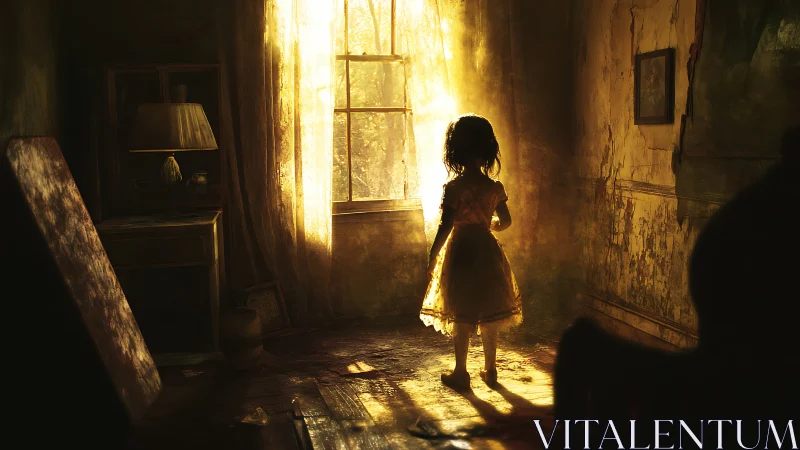 Backlit child in decayed room filled with golden dust.