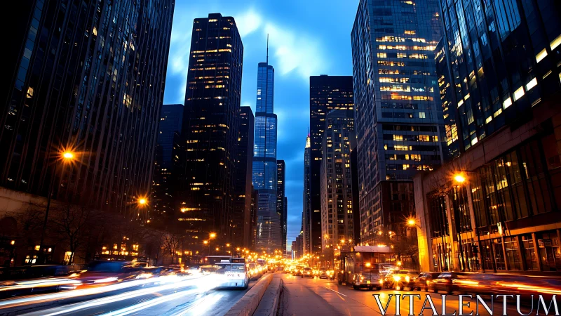 City lights and blue hour traffic in a glowing downtown canyon.