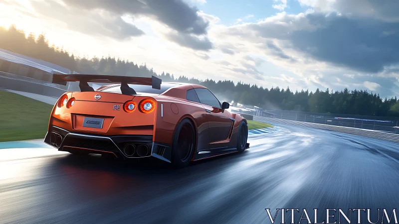 High-downforce orange GT-R accelerates on wet racetrack apex