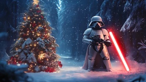 Armored sci‑fi figure beside illuminated snow‑covered tree.