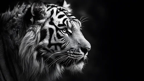 Monochrome tiger profile with sharp focused gaze in shadow