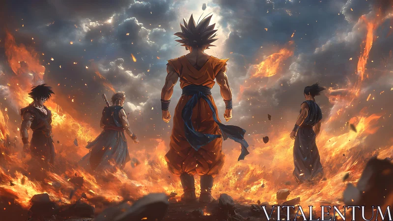 Fiery anime warriors stand amid explosive battlefield storm.