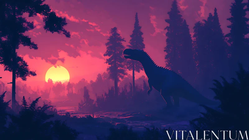 Dinosaur silhouette against neon prehistoric sunset forest.