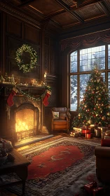 High-detail Christmas interior with lit fireplace and decorated tree