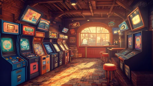 Retro arcade hall glows with warm sunset nostalgia and charm