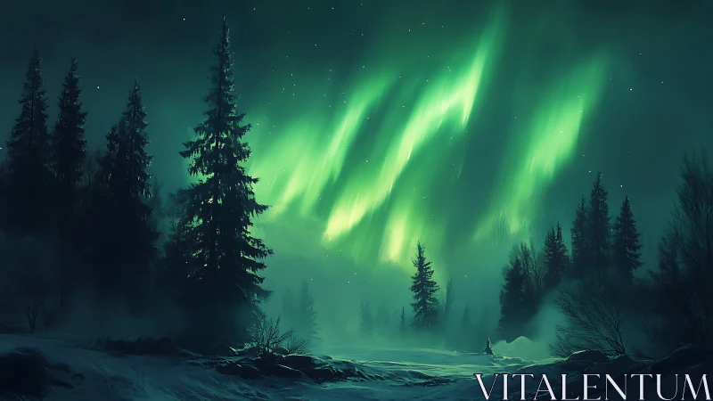 Northern lights over conifer forest in winter landscape.