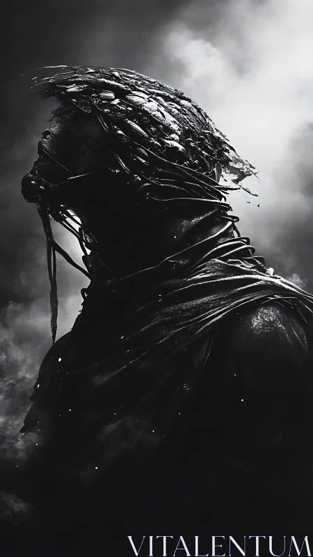 Shadowed warrior rises in swirling smoke and broken armor