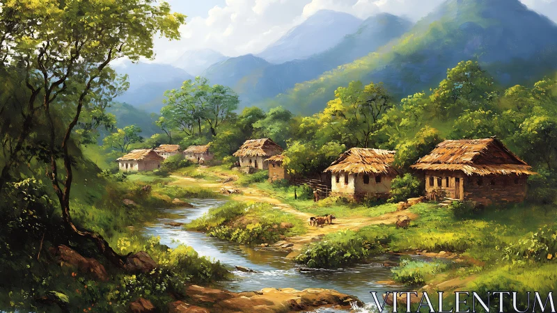 Sunlit village whispers beside a winding mountain stream