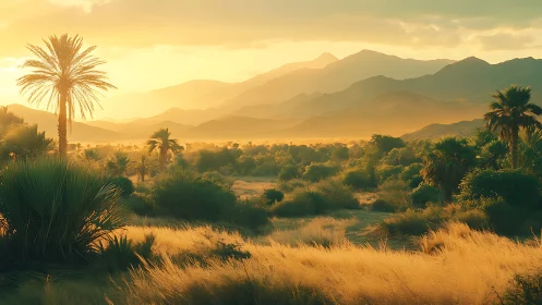 Golden desert oasis dreaming under layered dusk mountains.
