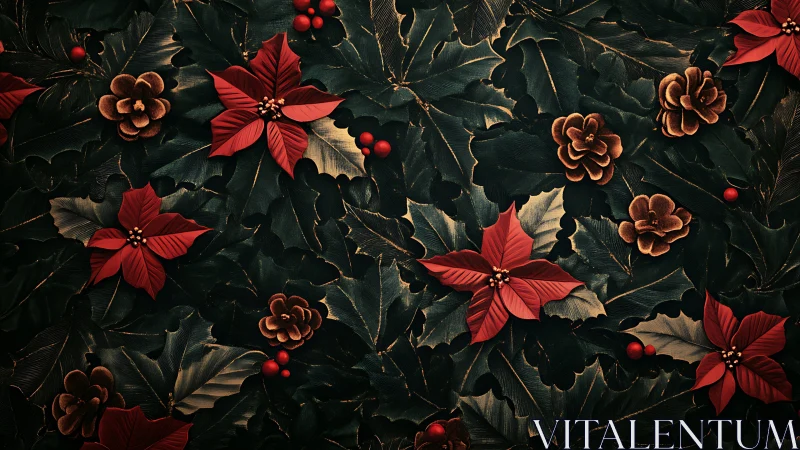 Poinsettias and pinecones over deep evergreen foliage pattern.