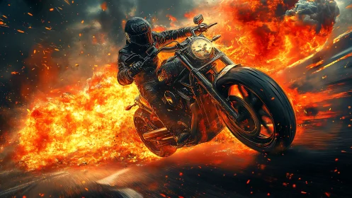 Motorcyclist cornering through explosive firestorm, high speed