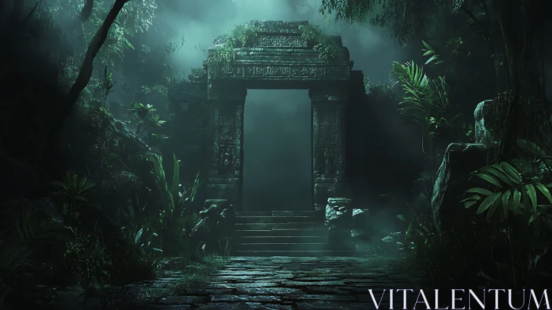 Volumetric-lit jungle portal framing archaic stone gateway.