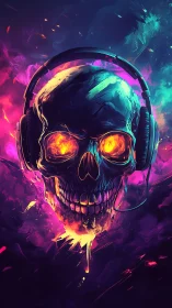 Glowing neon skull in headphones pulses through cosmic sound