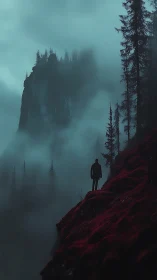 Lone wanderer on a misty cliff of crimson forest dusk.