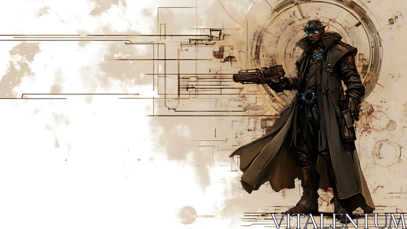 Neon-eyed gunslinger prowls a wired clockwork wasteland.