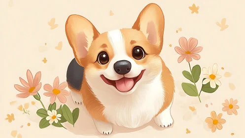 Joy-sparkled corgi beams upward amid soft pastel blossoms