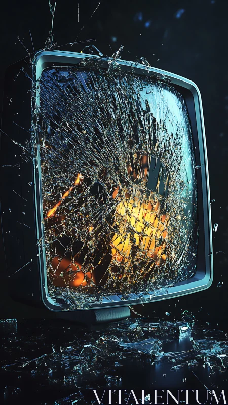 Shattered retro television screen with glowing interior flame.