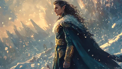 Elven iceward sentinel with gilded armor in blizzard transit.