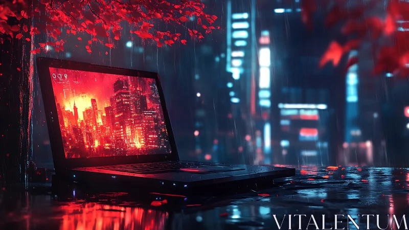 Laptop on wet urban surface with neon city display at night.