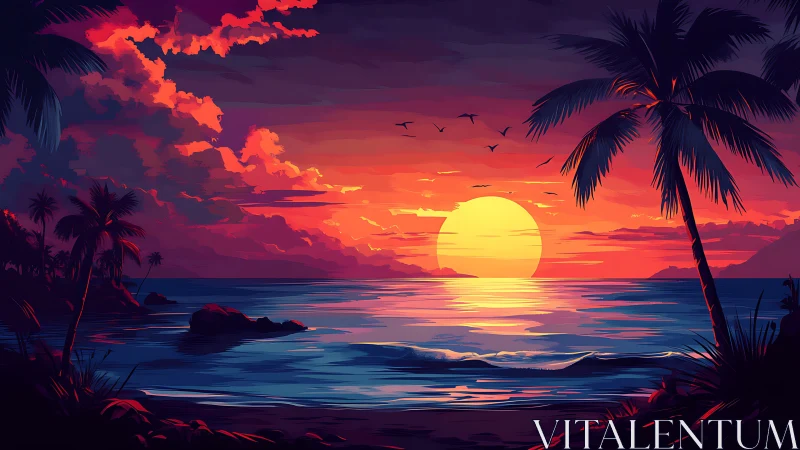 Radiant tropical sunset bathes palm-lined shore in color.