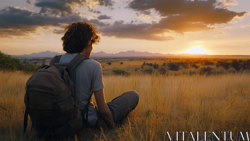 Backpacker observes golden savanna sunset in soft warm light