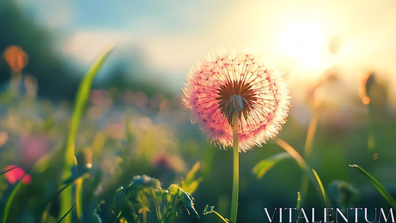 Backlit dandelion seed head glows in warm sunset field