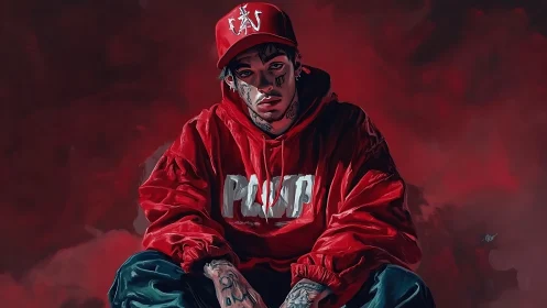 Red-hued digital portrait of tattooed streetwear youth