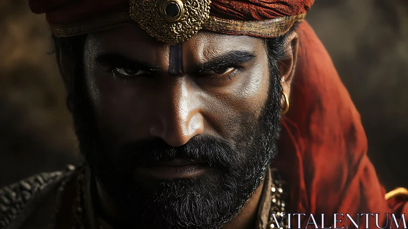 Warrior king portrait under intense dramatic lighting.