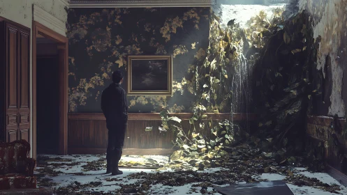 Overgrown room with man watching framed landscape painting.