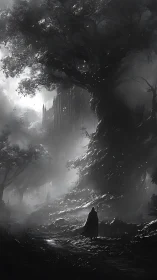 Solitary cloaked figure walks toward distant gothic citadel