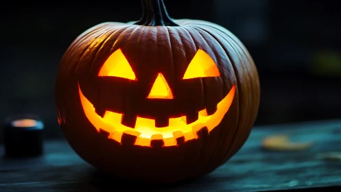 Carved jack o lantern pumpkin on wooden surface at night.