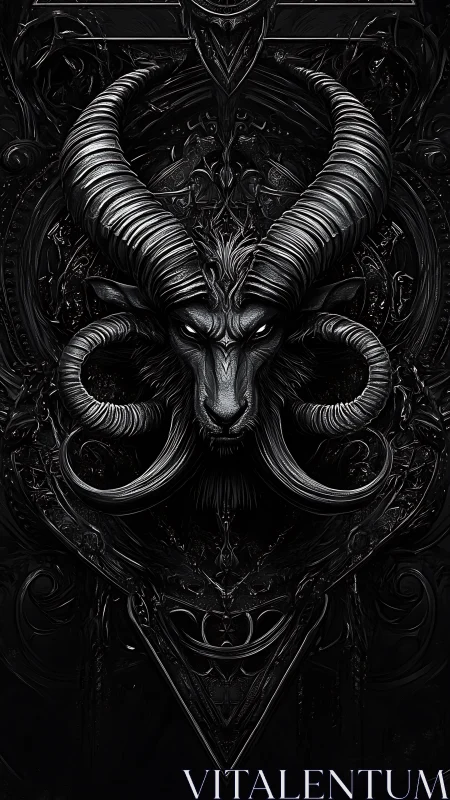 Baroque demonic ram sigil rendered in monochrome relief.