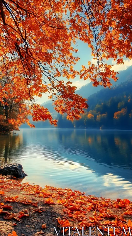Autumn canopy over tranquil mountain lake at sunrise.