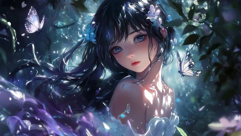 Anime forest nymph portrait with luminous butterflies detailing.