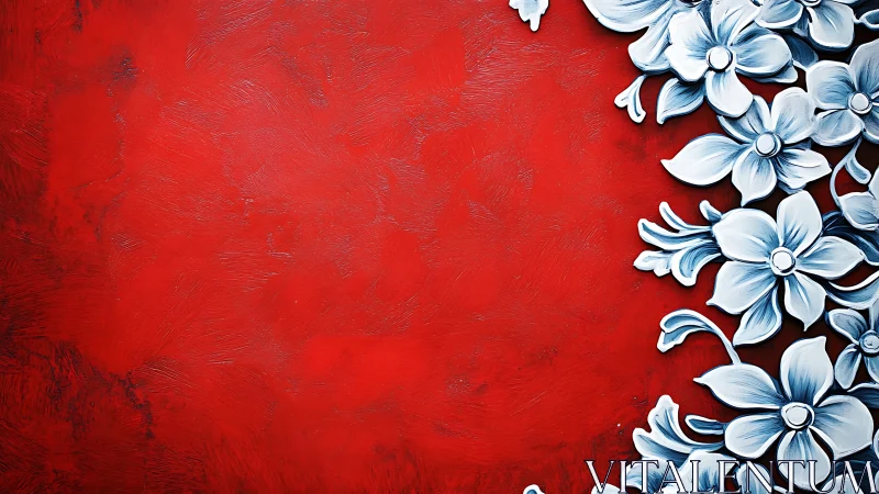 Three-dimensional blue and white stylized floral elements arranged against textured red background s