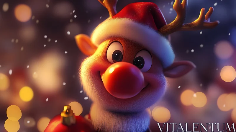 Cartoon reindeer in Santa hat smiles with red ornament