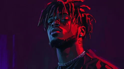 Neon-lit digital portrait captures intense urban confidence